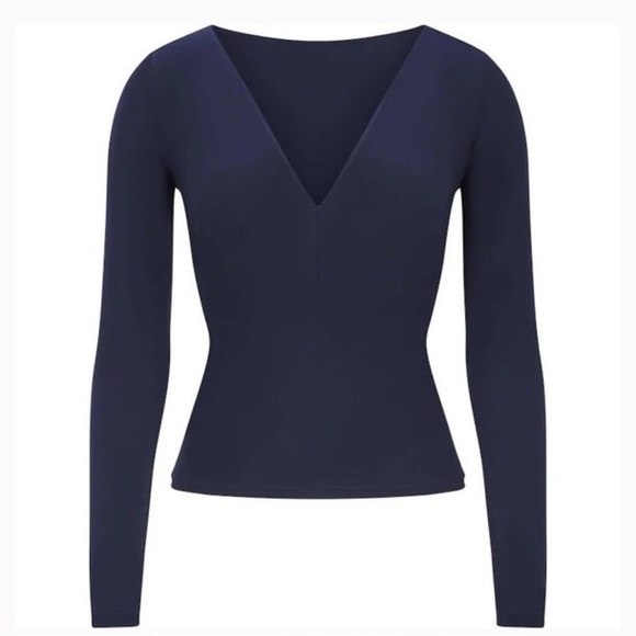 SKIMS Fits Everybody Plunge Long Sleeve Top, Navy - Picture 2 of 3